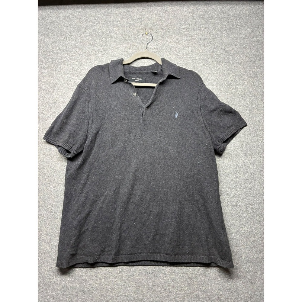 AllSaints Men's Polo Shirt Black Charcoal Short Sleeve Italian Yarn Size M